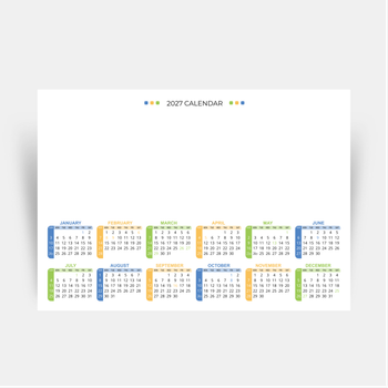 2027年曆卡設計 白底藍黃綠裝飾 297mm x 210mm calendar card