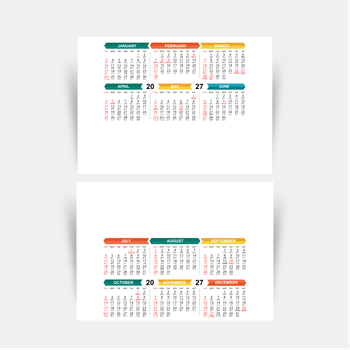2027年曆卡片 白底綠藍黃紅裝飾 calendar card A5 size 210x148mm