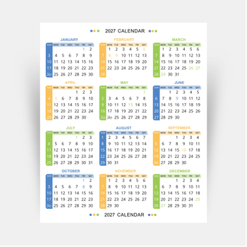 年曆咭2027 白底綠藍黃紅裝飾 calendar card