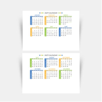 2027年曆咭片 白底藍黃綠裝飾 calendar card A5 size 210x148mm