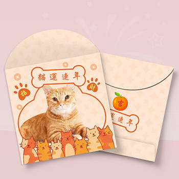貓運連年-粉橙色調設計，貓咪元素搭配書法文字模板 