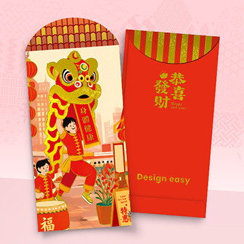 中國新年主題設計，紅金配色，舞獅等傳統元素 