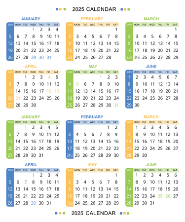 年曆咭2025 白底綠藍黃紅裝飾 calendar card-正面-年曆卡設計-Design Easy