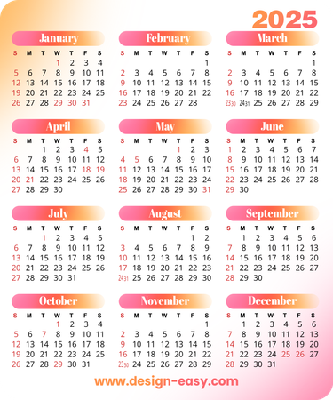 2025年曆卡 粉色橙色對角漸變 calendar card-正面-年曆卡設計-Design Easy