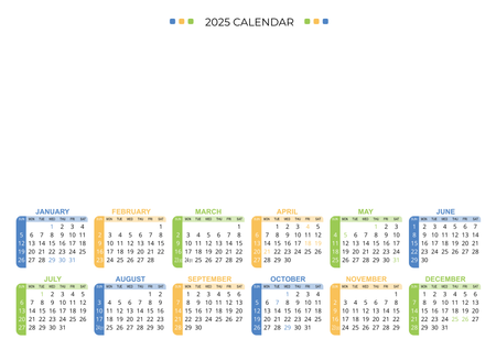 2025年曆卡設計 白底藍黃綠裝飾 297mm x 210mm calendar card-正面-年曆卡設計-Design Easy