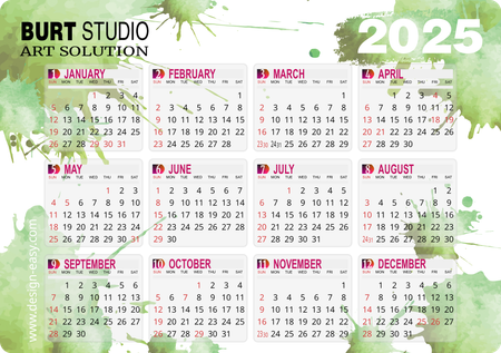 2025年曆咭 綠色墨痕藝術風 A5 size 210x148mm calendar card-正面-年曆卡設計-Design Easy