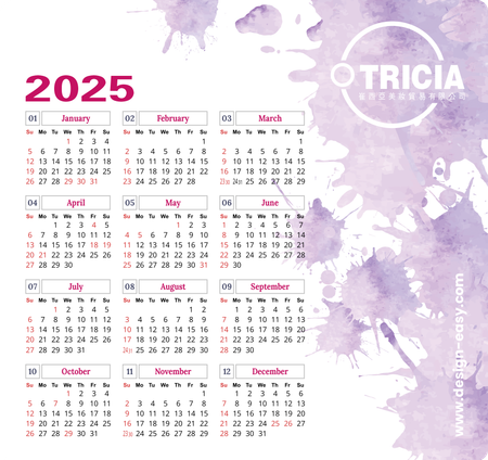 2025香港年曆卡 紫色墨痕淡雅風 calendar card-正面-年曆卡設計-Design Easy