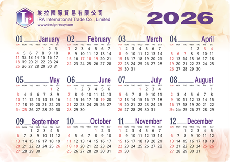 2026年曆卡 鮮花淡底溫馨風 A5 size 210x148mm calendar card-正面-年曆卡設計-Design Easy