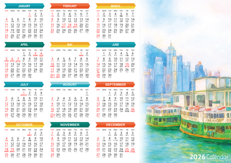 2026年曆設計，清新藝術風，水彩色彩與香港風景 -正面-年曆卡設計-Design Easy