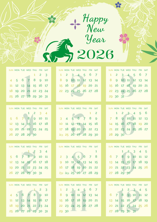 2026馬年年曆模板，清新自然風，綠色主調搭配花卉元素 -正面-年曆卡設計-Design Easy