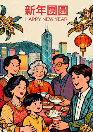 新年團圓卡通插畫模板，暖色調搭配傳統元素 -正面-邀請卡設計-Design Easy