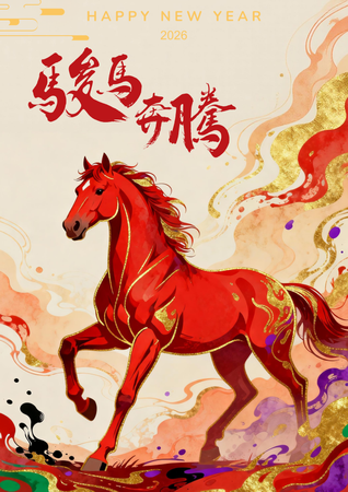 2026新春設計模板，融合傳統現代，駿馬奔騰主題 -正面-邀請卡設計-Design Easy