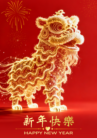 新年快樂賀卡，紅金配色，舞獅煙花元素，具3D時尚感 -正面-邀請卡設計-Design Easy
