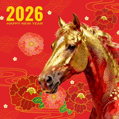26新年模板，紅色主調，馬、雲紋花卉元素 -正面-邀請卡設計-Design Easy