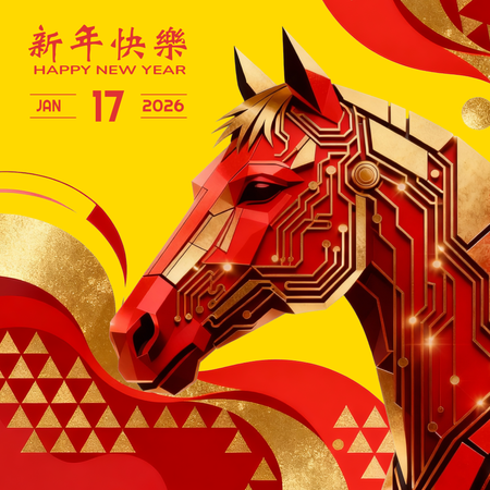 新年設計模板，科技傳統融合，紅黃金配色與馬元素 -正面-邀請卡設計-Design Easy