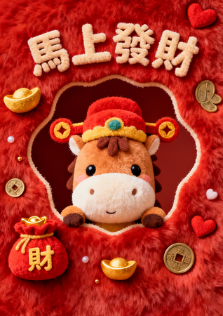 中國傳統節慶風格，紅金配色毛絨馬財富元素設計 -正面-邀請卡設計-Design Easy