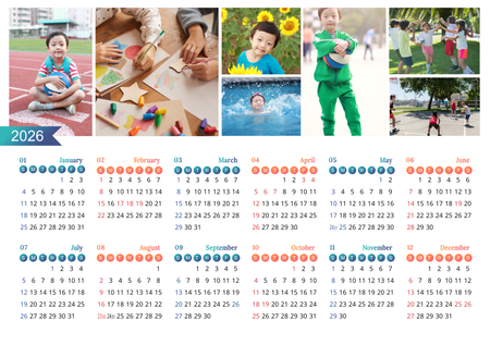 2026年兒童風日曆模板，色彩豐富排版整齊 -正面-年曆卡設計-Design Easy