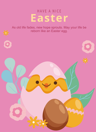 柔和粉紅小雞彩蛋復活節卡片-正面-明信片設計-Design Easy
