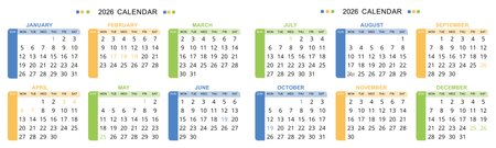 2026年香港年曆卡 壓線 白底綠藍黃紅裝飾  180mm x 54mm calendar card-正面-年曆卡設計-Design Easy