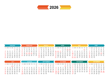 2026香港年曆咭 白底綠藍黃紅裝飾 calendar card-正面-年曆卡設計-Design Easy