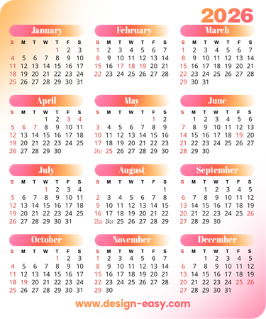 2026年曆卡 粉色橙色對角漸變 calendar card-正面-年曆卡設計-Design Easy