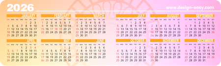 2026年曆卡 對摺 橙紫帶花紋底  180mm x 54mm calendar card-正面-年曆卡設計-Design Easy