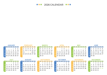 2026年曆卡設計 白底藍黃綠裝飾 297mm x 210mm calendar card-正面-年曆卡設計-Design Easy