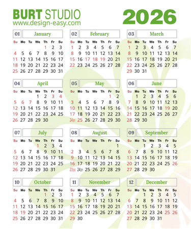 2026年曆卡 綠色花紋底 calendar card-正面-年曆卡設計-Design Easy