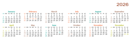 香港2026年年曆卡 對摺 白底彩色文字  180mm x 54mm calendar card-正面-年曆卡設計-Design Easy