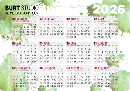 2026年曆咭 綠色墨痕藝術風 A5 size 210x148mm calendar card-正面-年曆卡設計-Design Easy