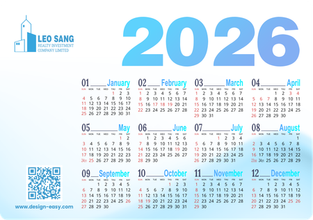 2026年曆卡 淡藍商務風 A5 size 210x148mm calendar card-正面-年曆卡設計-Design Easy