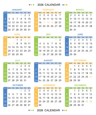 年曆咭2026 白底綠藍黃紅裝飾 calendar card-正面-年曆卡設計-Design Easy