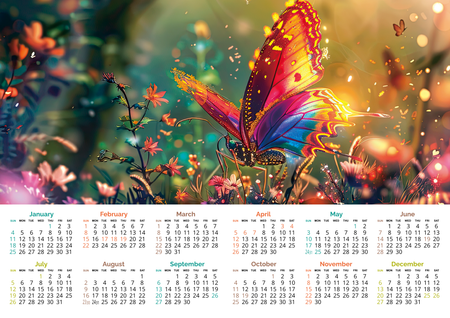 春日自然花卉蝴蝶主題，絢麗多彩夢幻年曆模板 -正面-年曆卡設計-Design Easy