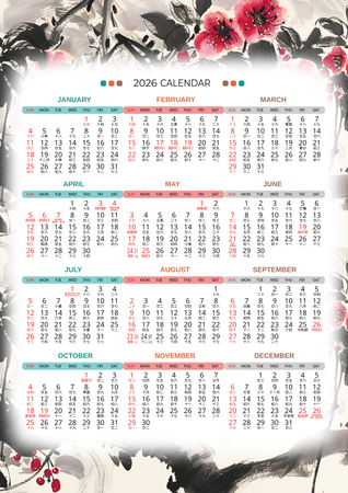 中國風2026年曆模板，水墨背景搭配傳統元素與現代排版-正面-年曆卡設計-Design Easy