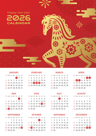 2026新年節慶風日曆模板，紅金配色搭配馬與傳統紋樣 -正面-年曆卡設計-Design Easy