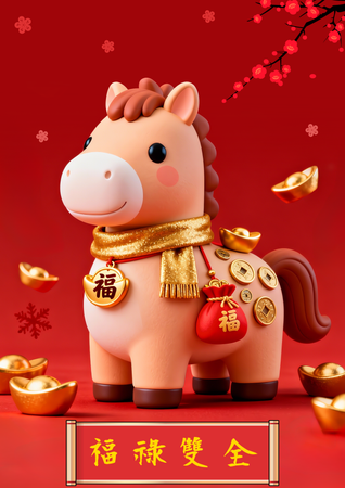 紅金配色小馬形象設計，福氣財富元素節日模板 -正面-邀請卡設計-Design Easy