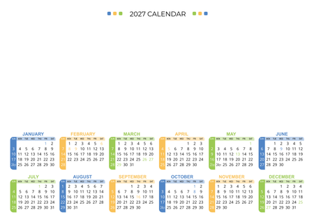 2027年曆卡設計 白底藍黃綠裝飾 297mm x 210mm calendar card-正面-年曆卡設計-Design Easy