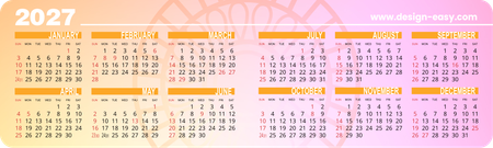 2027年曆卡 對摺 橙紫帶花紋底  180mm x 54mm calendar card-正面-年曆卡設計-Design Easy