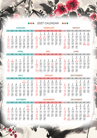 中國風2027年曆模板，水墨背景搭配傳統元素與現代排版-正面-年曆卡設計-Design Easy