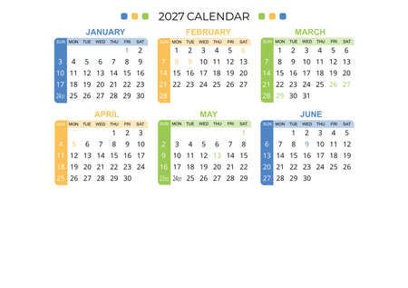 2027年曆咭片 白底藍黃綠裝飾 calendar card A5 size 210x148mm-正面-年曆卡設計-Design Easy