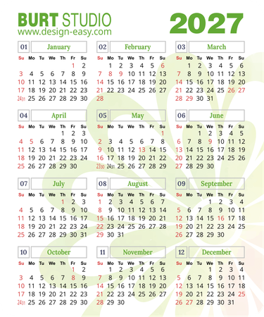 2027年曆卡 綠色花紋底 calendar card-正面-年曆卡設計-Design Easy