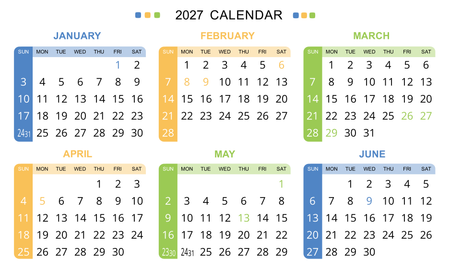 2027年年曆卡 白底藍黃綠裝飾 calendar card 90mm x 54mm-正面-年曆卡設計-Design Easy