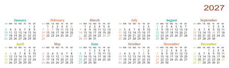 香港2027年年曆卡 對摺 白底彩色文字  180mm x 54mm calendar card-正面-年曆卡設計-Design Easy
