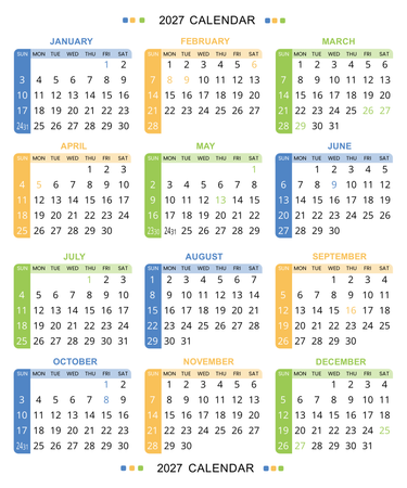 年曆咭2027 白底綠藍黃紅裝飾 calendar card-正面-年曆卡設計-Design Easy