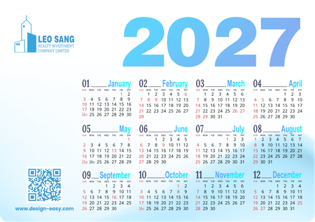 2027年曆卡 淡藍商務風 A5 size 210x148mm calendar card-正面-年曆卡設計-Design Easy