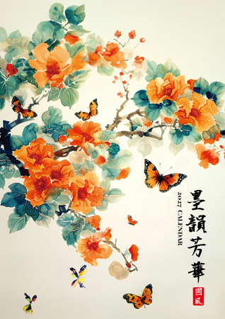 中國風2027年曆模板，水墨背景搭配傳統元素與現代排版-背面-年曆卡設計-Design Easy