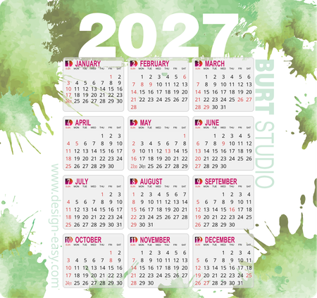 2027年曆卡 綠色墨痕藝術風 calendar card-正面-年曆卡設計-Design Easy