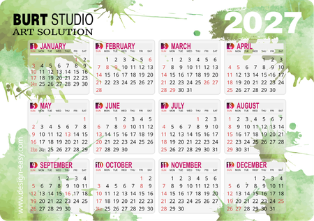 2027年曆咭 綠色墨痕藝術風 A5 size 210x148mm calendar card-正面-年曆卡設計-Design Easy