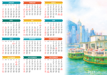 2027年曆設計，清新藝術風，水彩色彩與香港風景 -正面-年曆卡設計-Design Easy