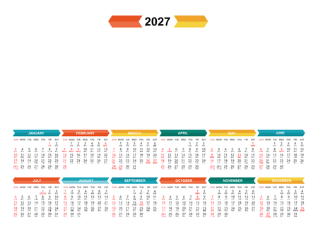 2027香港年曆咭 白底綠藍黃紅裝飾 calendar card-正面-年曆卡設計-Design Easy
